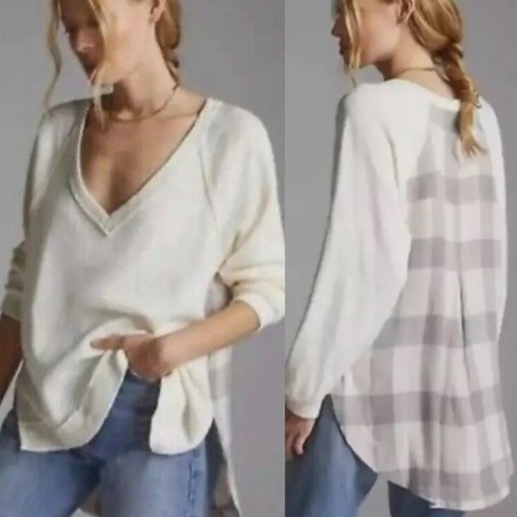 Anthropologie Pilcro Knit V Neck Top Cream Gray Plaid Long Sleeve Boho XS - Picture 1 of 7